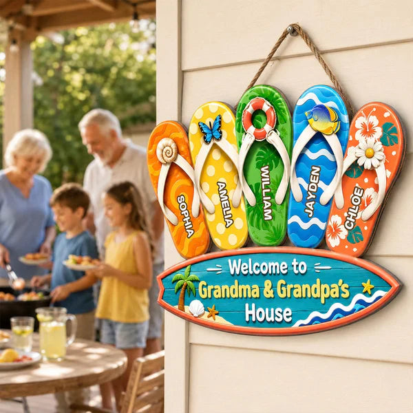 Wooden Sign with Sunny Flip Flops, Welcome to Grandma & Grandpa's House, Unique Creative Family Gift