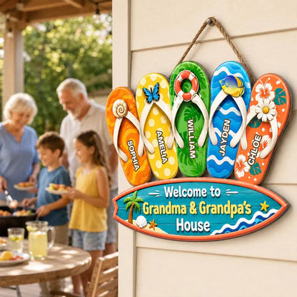 Wooden Sign with Sunny Flip Flops, Welcome to Grandma & Grandpa's House, Unique Creative Family Gift