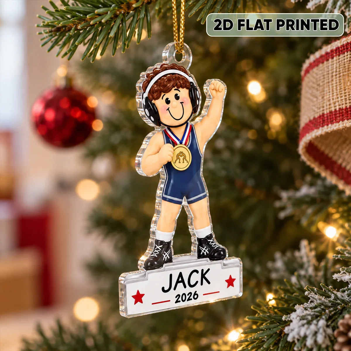 Personalized Acrylic Ornament, Cartoon Wrestling Champion on Christmas Tree, Unique Gift for Son
