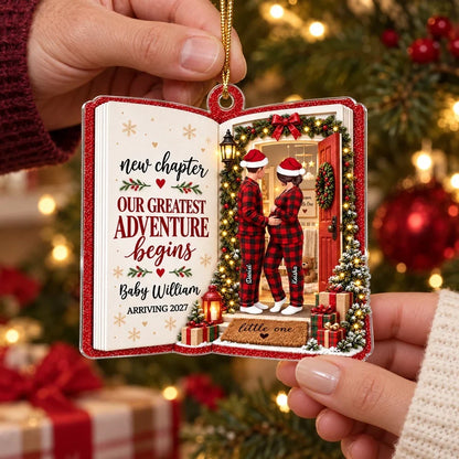 Personalized Acrylic Ornament, New Chapter Couple Cradling Baby Bump in Christmas Scene, Creative Gift for New Parents