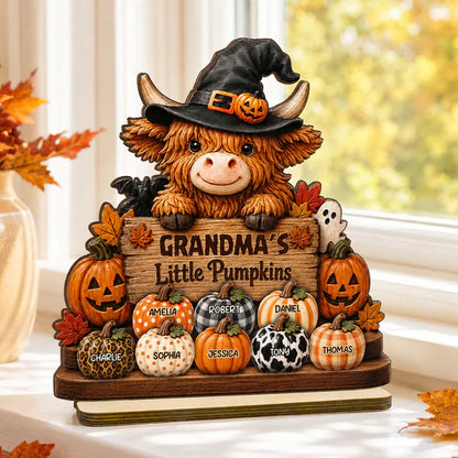 Personalized Highland Cow 2-Layer Wooden Plaque, Grandma's Little Pumpkins Fall Decor, Unique Gift for Grandma