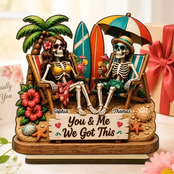 Personalized 2-Layer Wooden Plaque, Skeleton Couple Beach Scene, Unique Gift for Couples