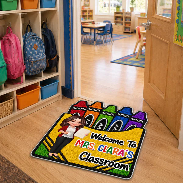 Personalized Shaped Doormat With Crayon Box Art, Cartoon Teacher Holding Notebook, Unique Teacher Gift