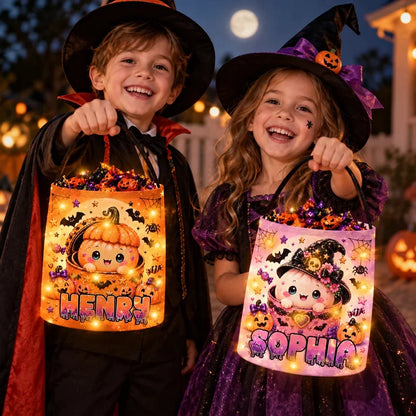 Personalized LED Light Up Fabric Basket, Cute Pumpkin Halloween Trick or Treat Bucket, Unique Gift for Kids