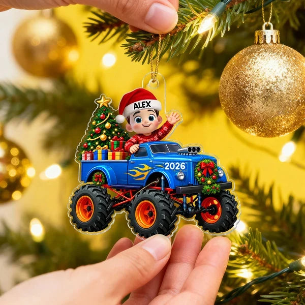 Personalized Acrylic Ornament, Waving Kid in Blue Monster Truck, Colorful Christmas Tree Decor, Unique Gift for Kids