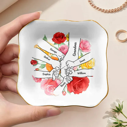 Personalized Jewelry Dish with Hand In Hand Floral Design, Sweet Vanity Decor, Unique Gift for Mom or Grandma