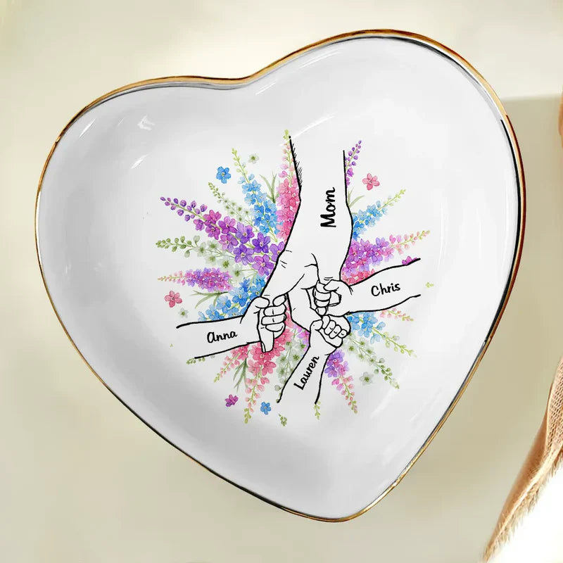 Personalized Jewelry Dish with Hand In Hand Floral Design, Sweet Vanity Decor, Unique Gift for Mom or Grandma