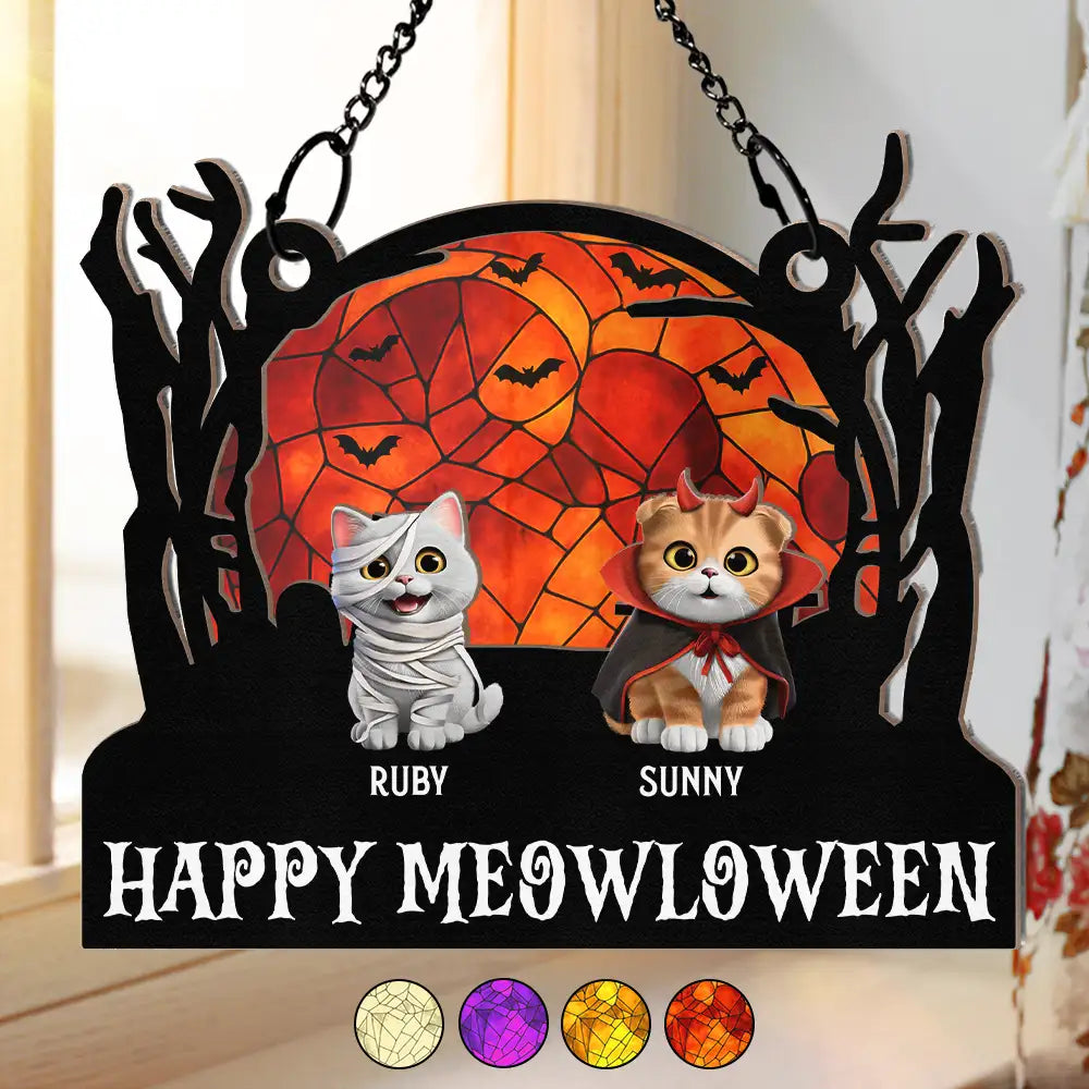 Halloween, Pet Lovers, Pet Mom, Pet Dad, Cat Lovers, Happy - Happy Meowloween Halloween Pets - Personalized Window Hanging Suncatcher Ornament