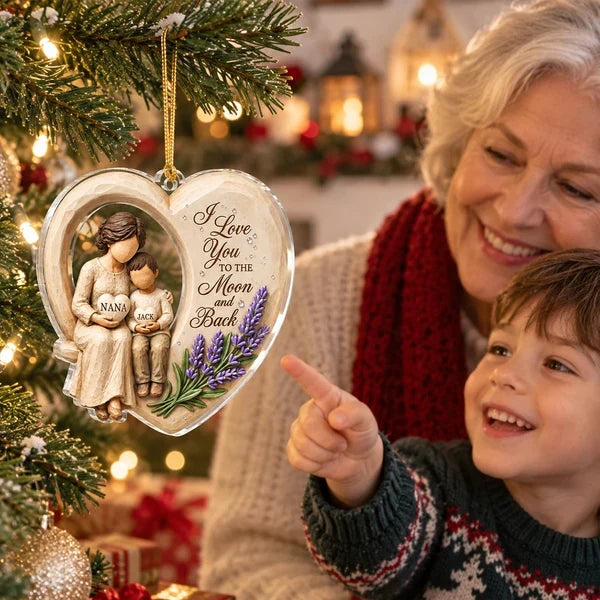 Personalized Acrylic Ornament, Grandma Hugging Granddaughter, Moon and Back Quote, Unique Christmas Gift