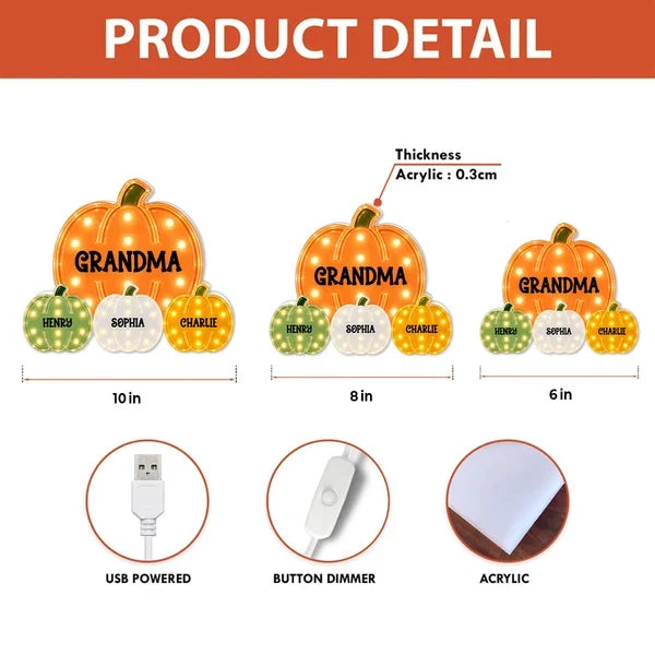 Grandma Pumpkin Acrylic Light Box, Personalized Family Keepsake, Creative Gift with a Cozy Glow