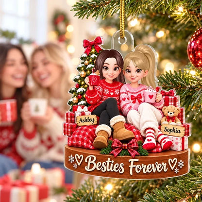Personalized Acrylic Ornament, Friends Holding Mugs by a Christmas Tree, Unique Red Cartoon Gift for a Close Friend