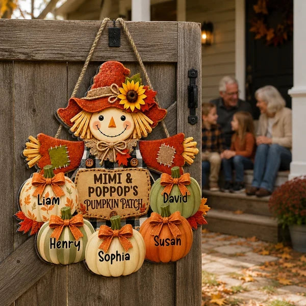 Personalized Wooden Sign with Smiling Scarecrow & Pumpkins, Autumn Porch Decor, Unique Gift for Grandparents
