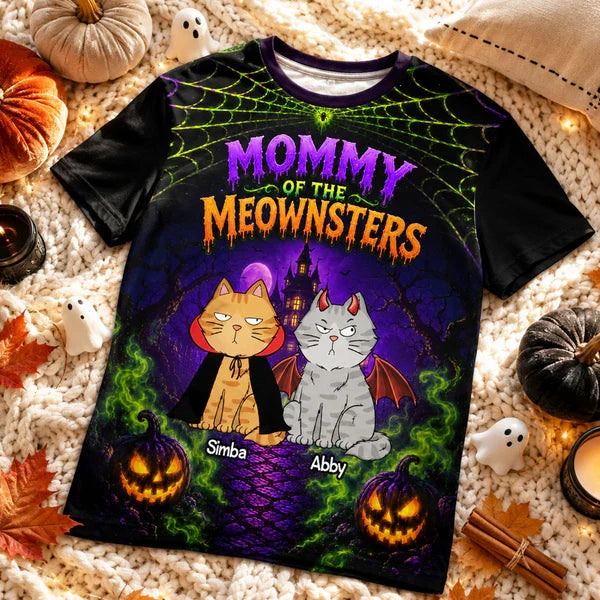 Personalized Printed Classic Tee, Purple Spooky Cats & Haunted House, Unique Gift for Cat Lovers