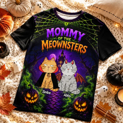 Personalized Printed Classic Tee, Purple Spooky Cats & Haunted House, Unique Gift for Cat Lovers