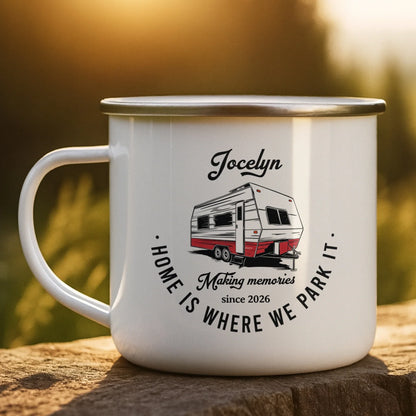 Home Is Where We Park It Enamel Mug, Personalized Creative Gift for Campers & Road Trip Memories