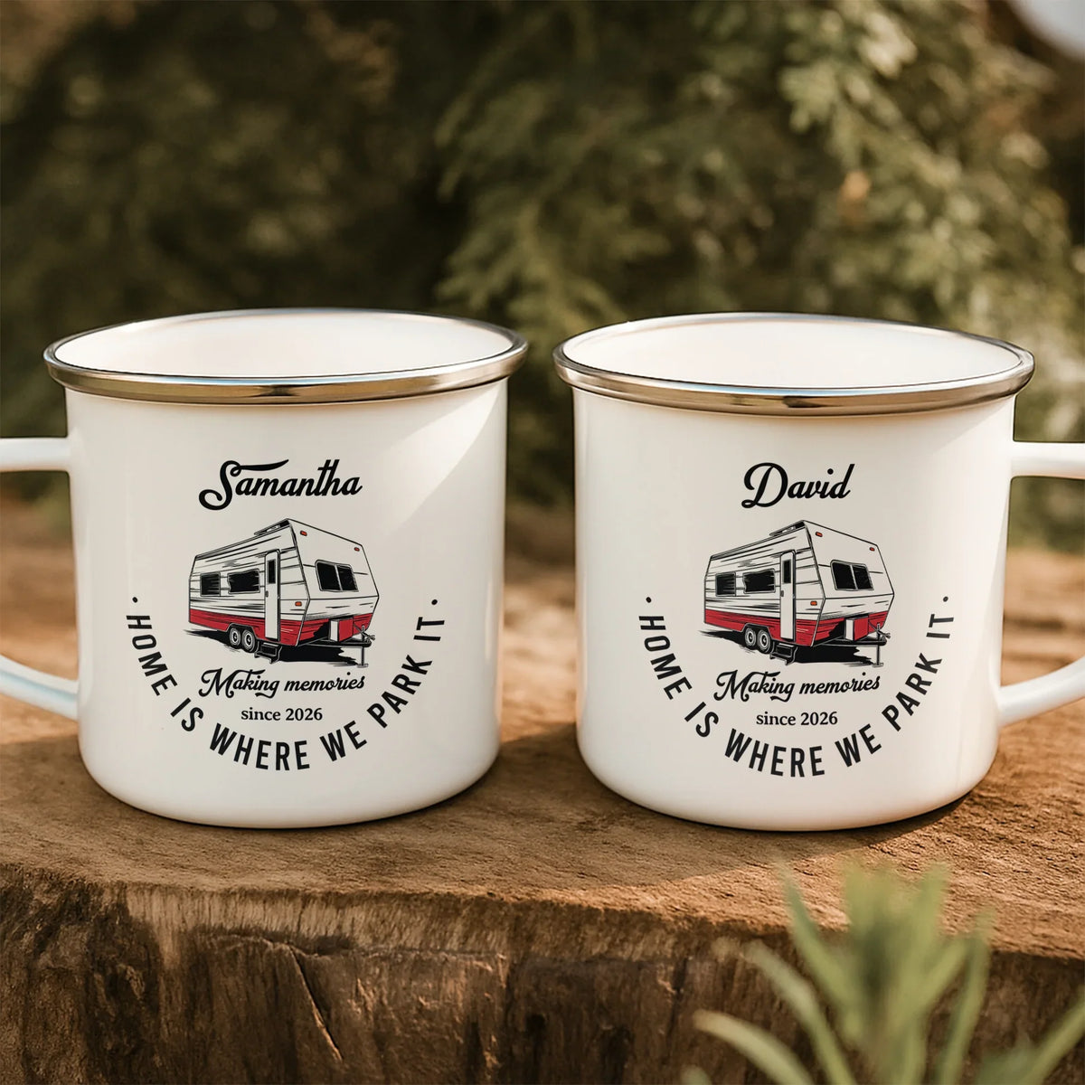 Home Is Where We Park It Enamel Mug, Personalized Creative Gift for Campers & Road Trip Memories
