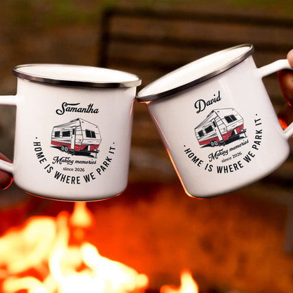 Home Is Where We Park It Enamel Mug, Personalized Creative Gift for Campers & Road Trip Memories