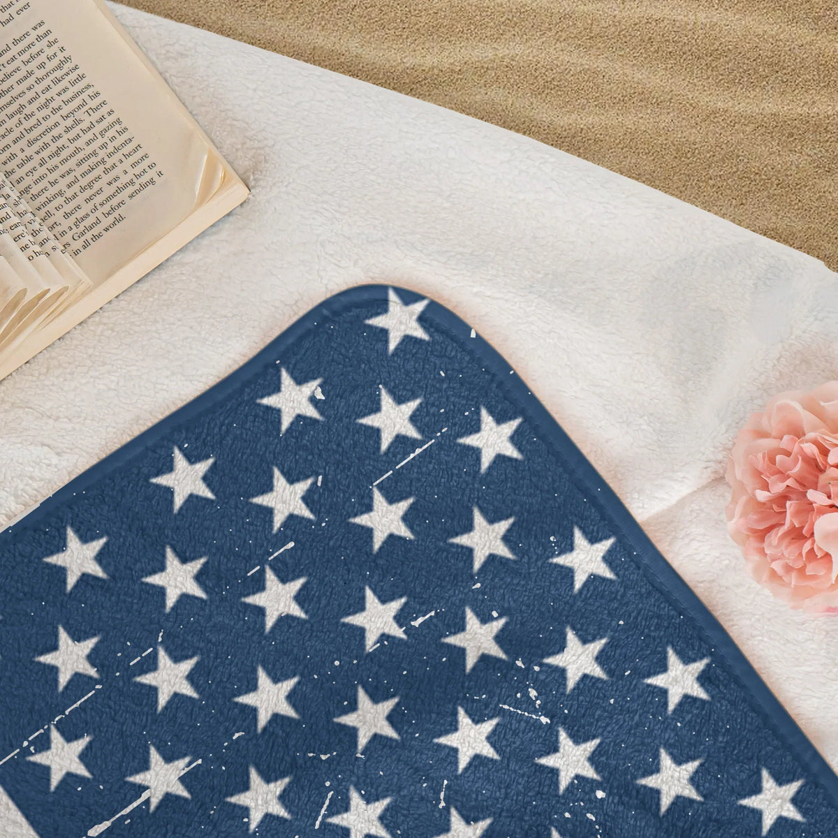 Personalized Beach Towel, Woman at Sunlit Beach with American Flag, Unique Creative Gift for Her