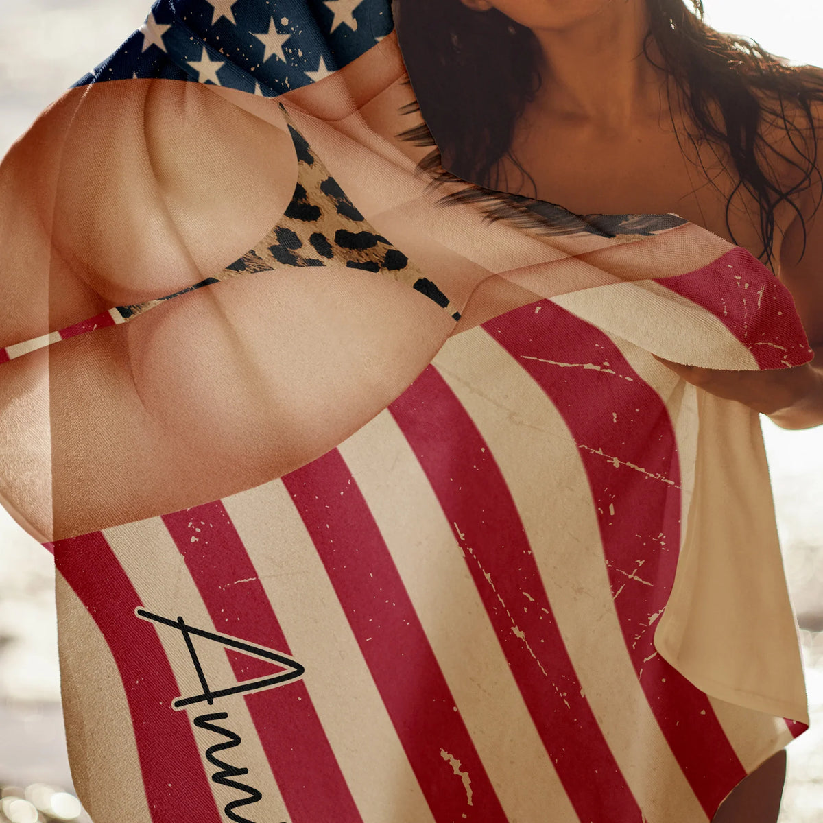 Personalized Beach Towel, Woman at Sunlit Beach with American Flag, Unique Creative Gift for Her