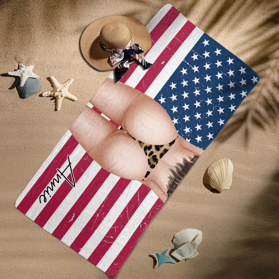 Personalized Beach Towel, Woman at Sunlit Beach with American Flag, Unique Creative Gift for Her