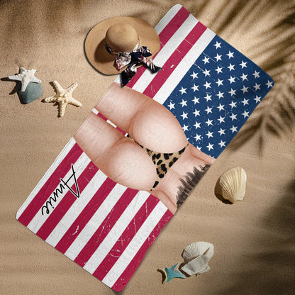 Personalized Beach Towel, Woman at Sunlit Beach with American Flag, Unique Creative Gift for Her