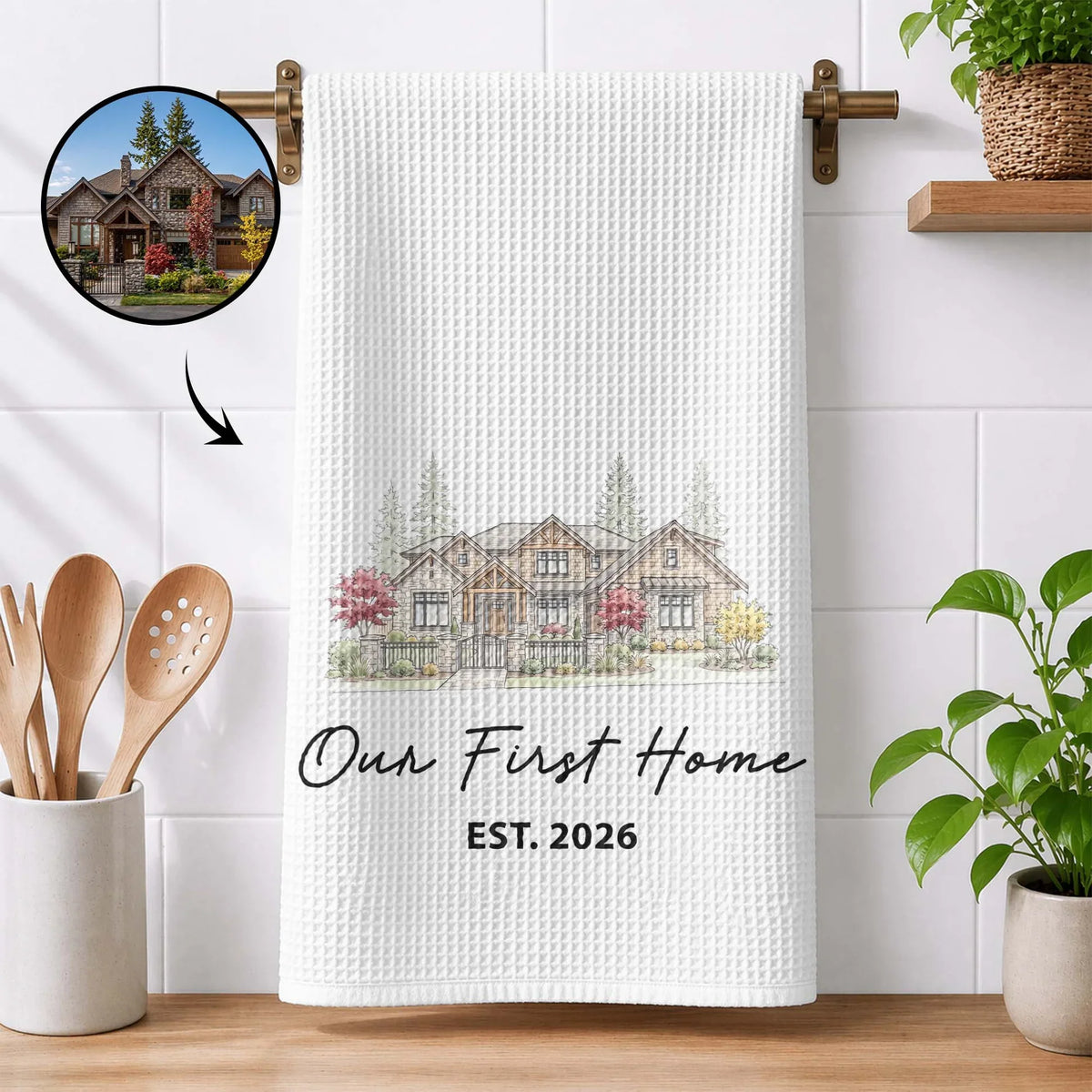 Personalized Kitchen Towel With Custom Home Illustration, Unique Creative Housewarming Gift For Couples