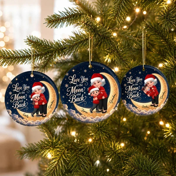 Personalized Ceramic Ornament, Hugging Grandma and Granddaughter on a Navy and Gold Moon, Unique Christmas Gift