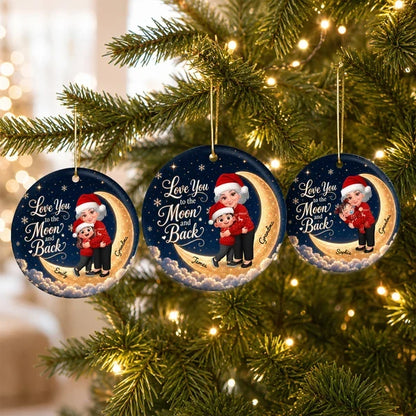 Personalized Ceramic Ornament, Hugging Grandma and Granddaughter on a Navy and Gold Moon, Unique Christmas Gift