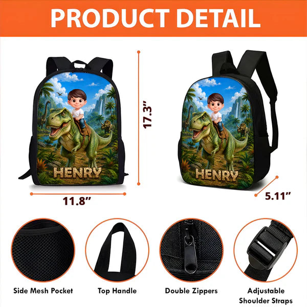 Personalized Kids School Backpack, Child Riding T-Rex Jungle Art, Unique Gift for Boys & Girls