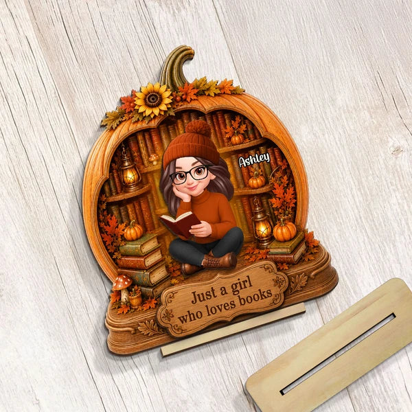 Personalized 2-Layer Wooden Plaque, Woman Reading in an Autumn Pumpkin Library, Unique Gift for Book Lovers
