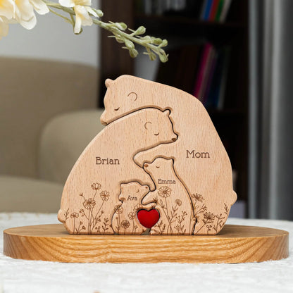 Wooden Bear Family Puzzle Personalized Name Keepsake for Mom & Dad, Sweet Hugging Scene with Heart, Unique Gift