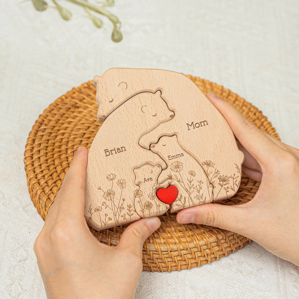 Wooden Bear Family Puzzle Personalized Name Keepsake for Mom & Dad, Sweet Hugging Scene with Heart, Unique Gift