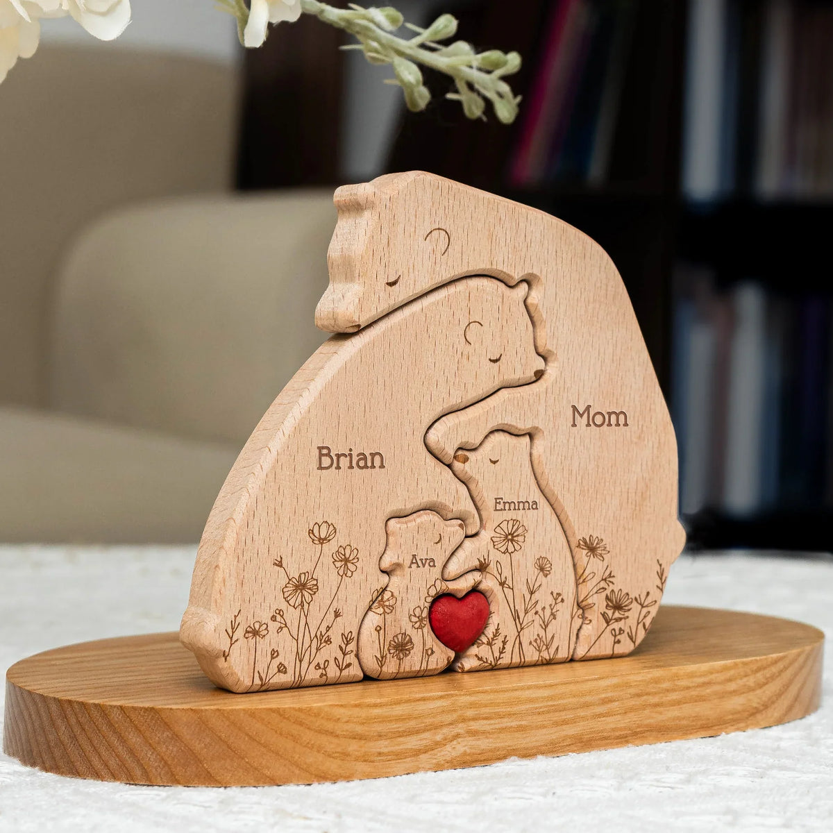 Wooden Bear Family Puzzle Personalized Name Keepsake for Mom & Dad, Sweet Hugging Scene with Heart, Unique Gift