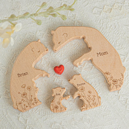 Wooden Bear Family Puzzle Personalized Name Keepsake for Mom & Dad, Sweet Hugging Scene with Heart, Unique Gift