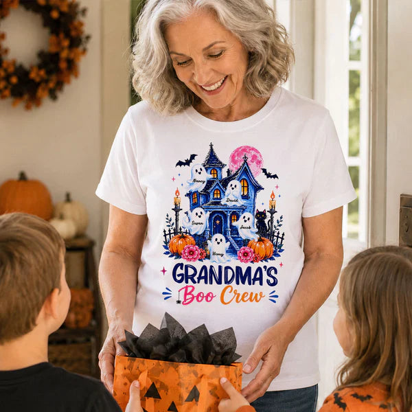 Personalized Classic Tee for Grandma, Watercolor Haunted House Boo Crew, Unique Halloween Gift