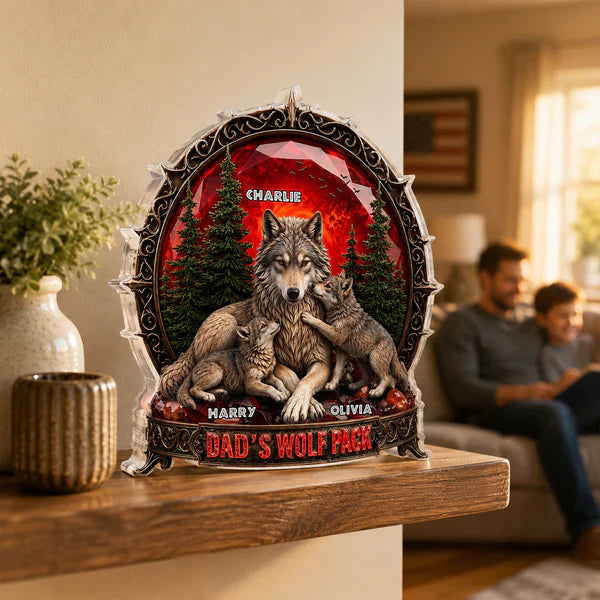 Personalized Shaped Acrylic Block Plaque, Dad's Wolf Pack Red Forest, Unique Gift for Dad