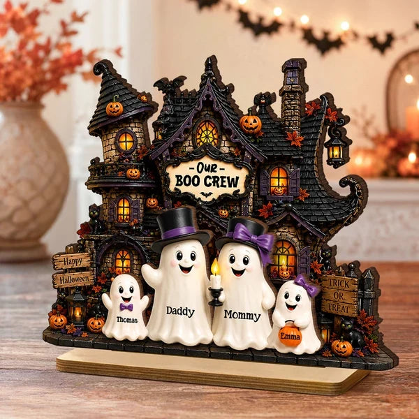 Personalized Layered Wooden Plaque, Ghost Family at Haunted House, Unique Halloween Gift for Family