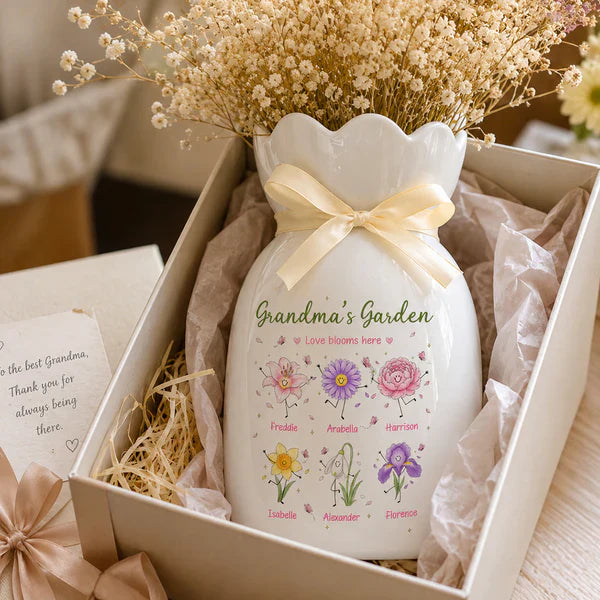Personalized Scalloped Rim Ceramic Vase, Grandma's Garden Birth Flower Doodles, Unique Gift for Grandma