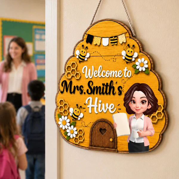 Personalized Wooden Sign with Teacher Holding a Book, Bee Hive Classroom Decor, Unique Back to School Gift