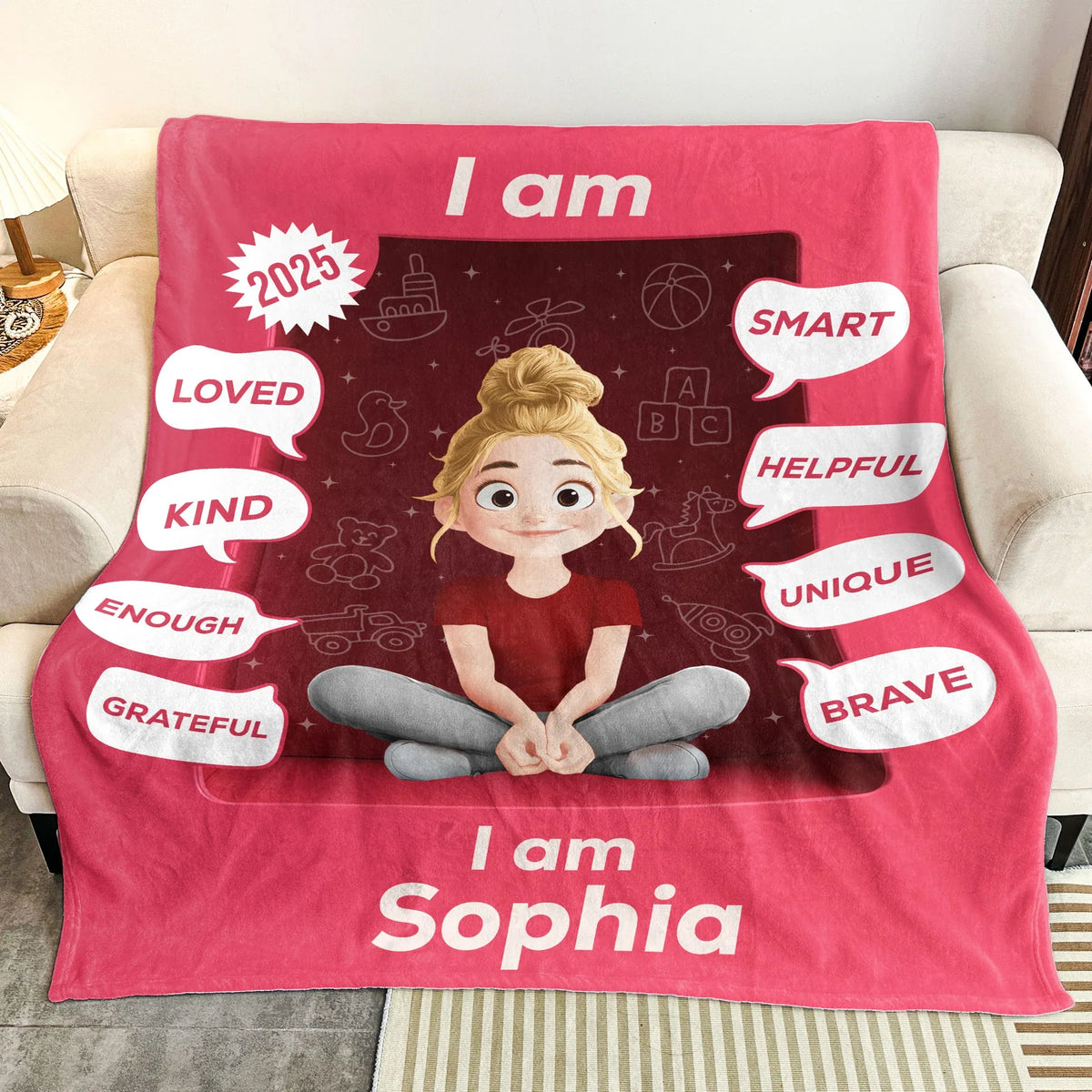 Personalized Kid Affirmation Blanket with Cute Cartoon Girl – I Am Loved, Kind, Brave – Uplifting Unique Gift for Daughters & Little Girls