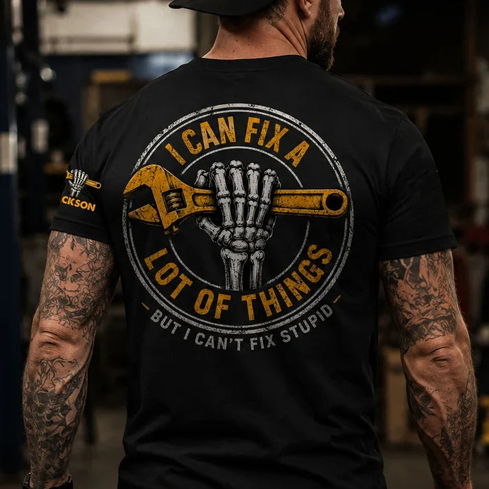 Personalized Dual Print Classic Tee, Skeleton Wrench Graphic, Unique Gift for Fix It Guys