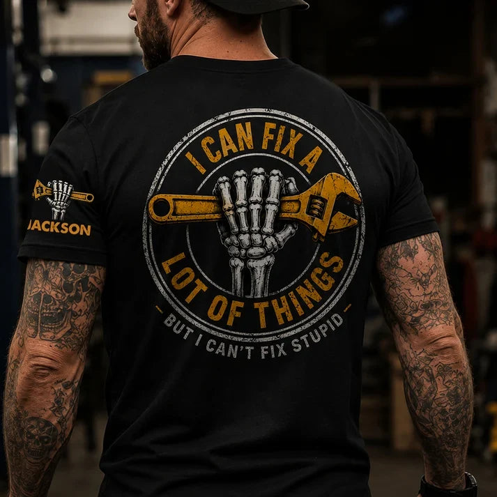 Personalized Dual Print Classic Tee, Skeleton Wrench Graphic, Unique Gift for Fix It Guys