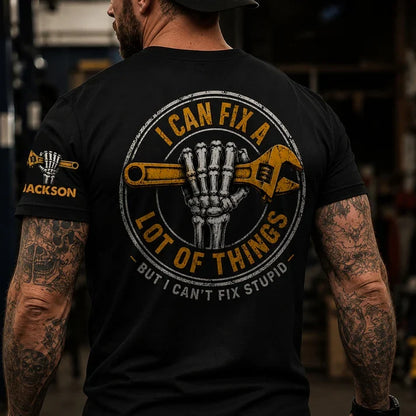 Personalized Dual Print Classic Tee, Skeleton Wrench Graphic, Unique Gift for Fix It Guys