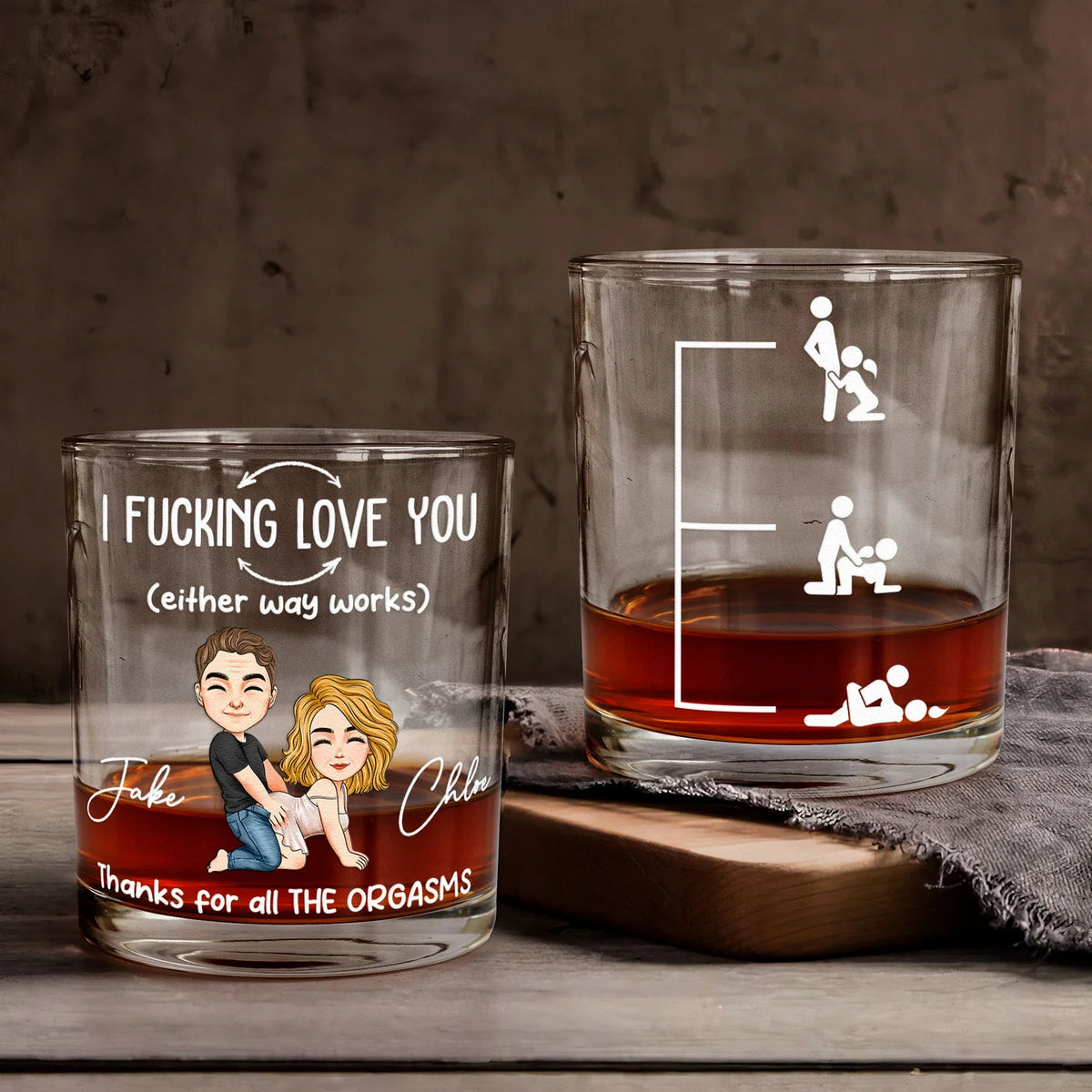 Personalized Funny Love Quote Whiskey Glass with Cartoon Couple - Unique Naughty Gift for Couples