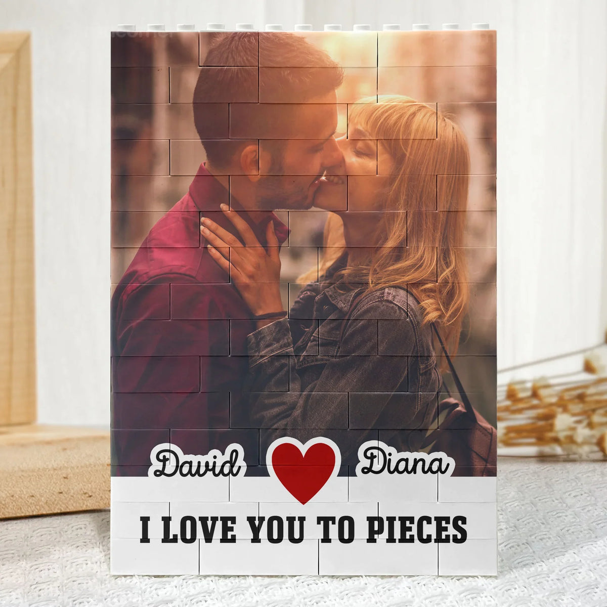 Personalized ABS Building Brick Puzzle with Kissing Couple Photo, I Love You To Pieces Unique Gift