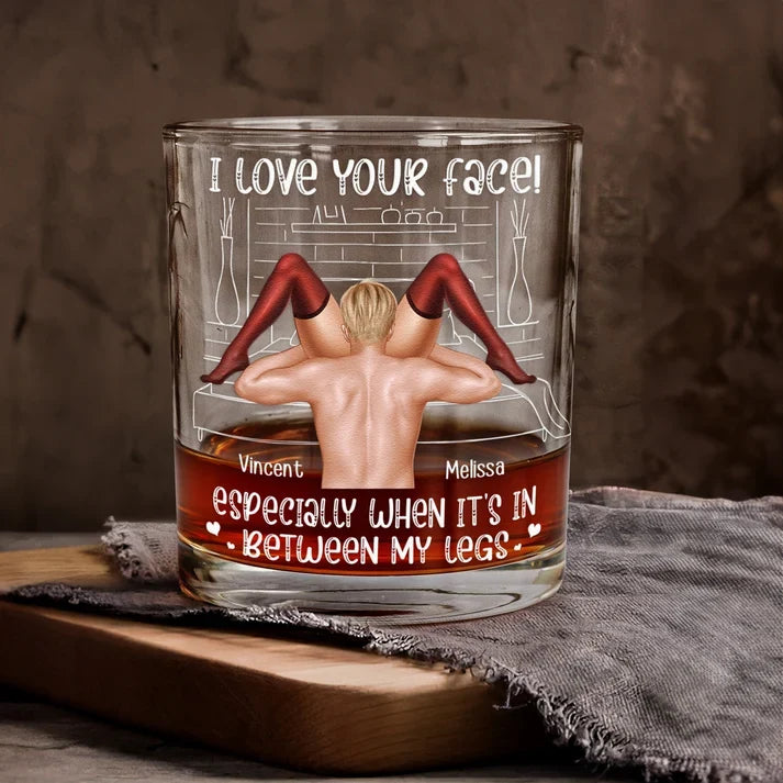 Personalized Whiskey Glass with Playful Intimate Couple Illustration, Unique Romantic Gift for Partner