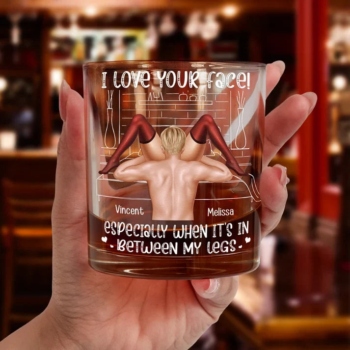 Personalized Whiskey Glass with Playful Intimate Couple Illustration, Unique Romantic Gift for Partner
