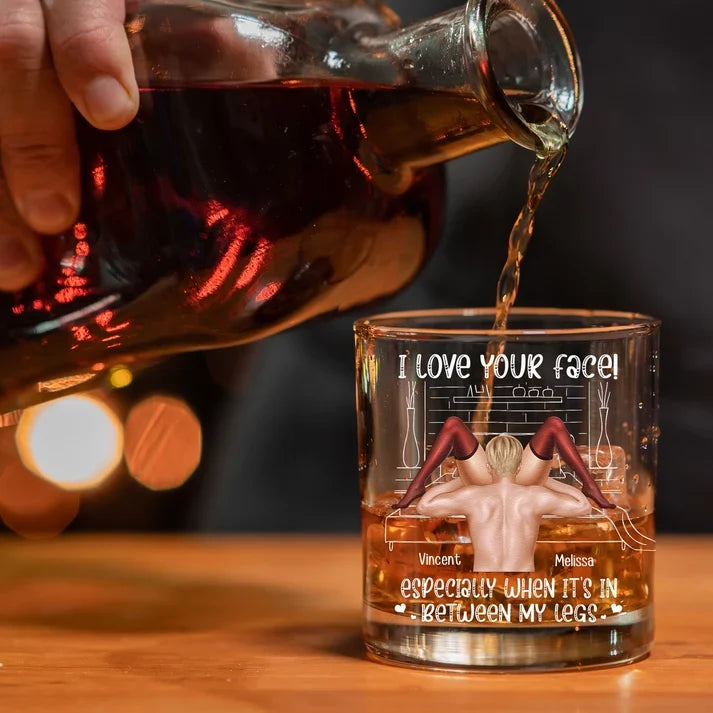 Personalized Whiskey Glass with Playful Intimate Couple Illustration, Unique Romantic Gift for Partner