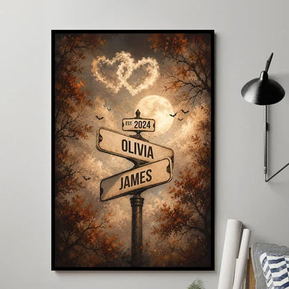 Personalized Poster with Couple Street Signs, Full Moon and Bats, Unique Halloween Gift for Couples