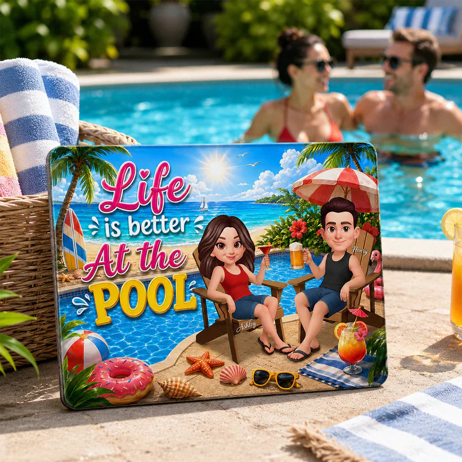 Personalized Wooden Sign, Poolside Couple Raising Drinks, Unique Summer Gift